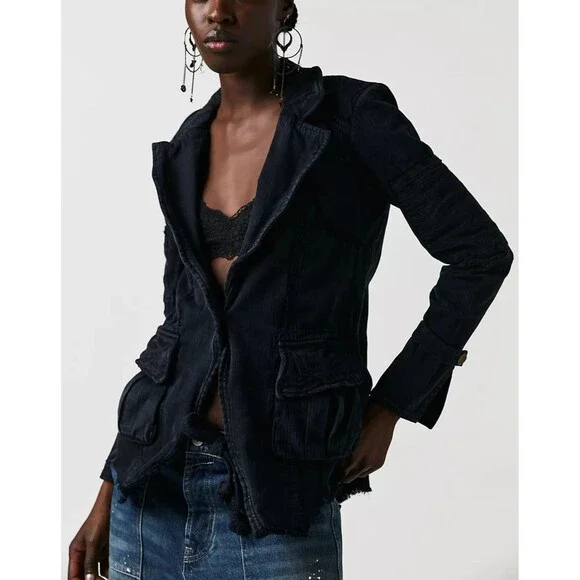 Free People Harlow Jacket Blazer Coat Top Long Sleeves Black Cotton XS 288218