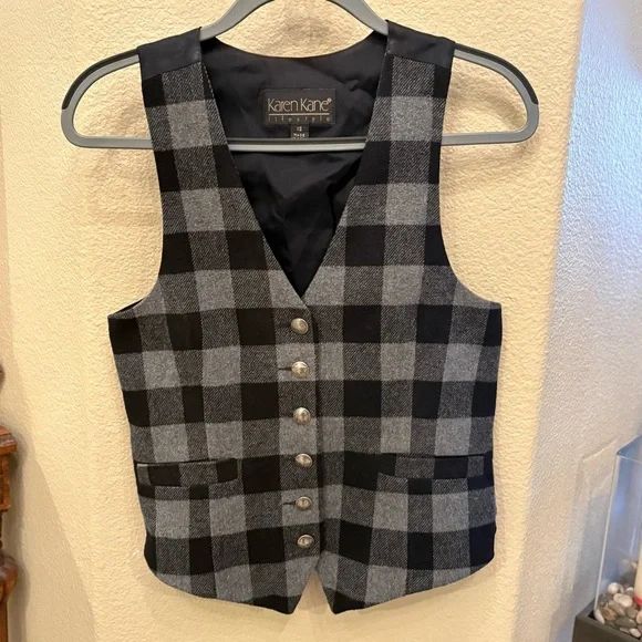 Vintage KAREN KANE Black Gray Wool Blend Silver Button Design Checkered Vest-XS