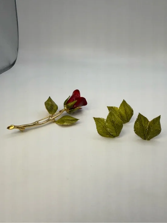 Vintage Red Rose Brooch & Matching Leaf Clip Earrings Gold Tone Floral Set