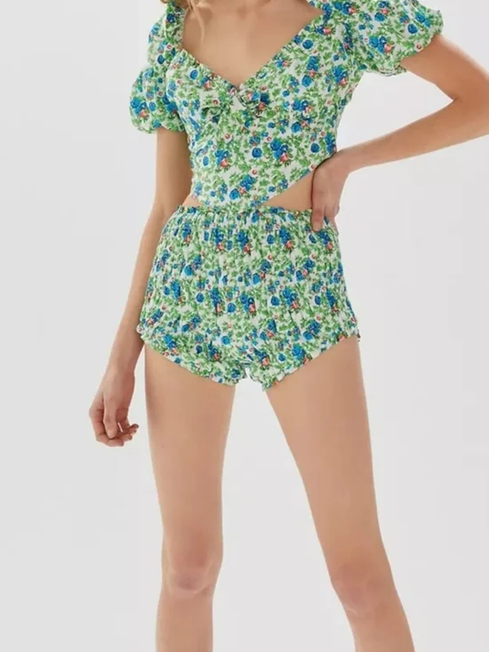 House of Sunny Green Floral matching Smocked Short Set size 2 new with tags