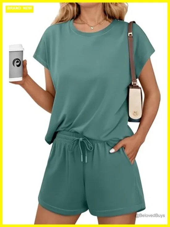2 Piece Matching Shorts Set with Pockets Lounge Outfit Crewneck Casual Travel