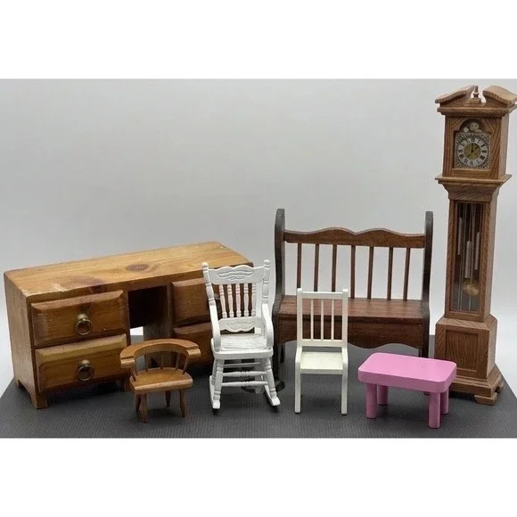 Vintage 1:12 Scale Dollhouse Furniture Lot 7pc Desk Chairs Grandfather Clock