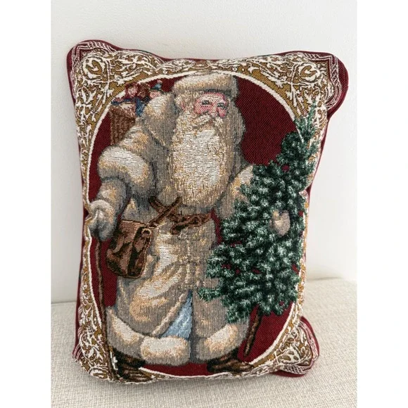Vintage Woven Tapestry Christmas Pillow Santa Clause St Nick Victorian Style