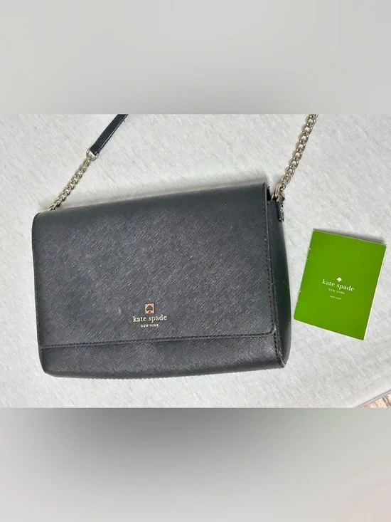 kate spade black leather crossbody with gold chain