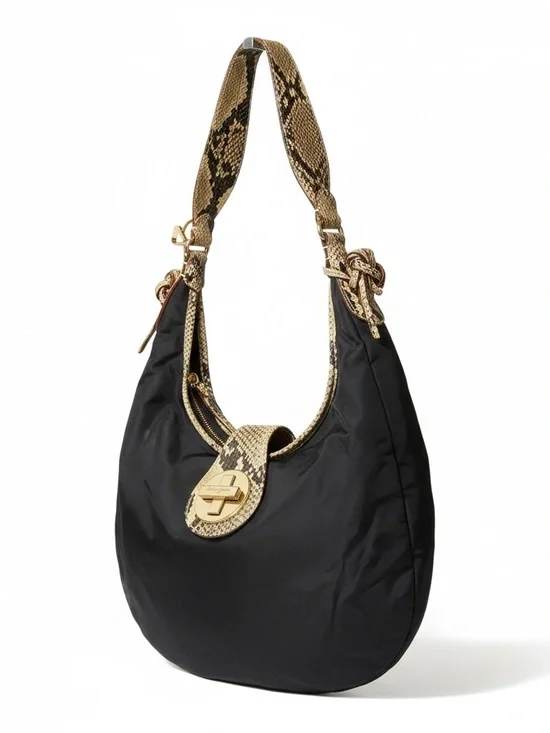 Kate Spade Nylon Black Hobo Shoulder Bag with Gold Snake-Print Trim