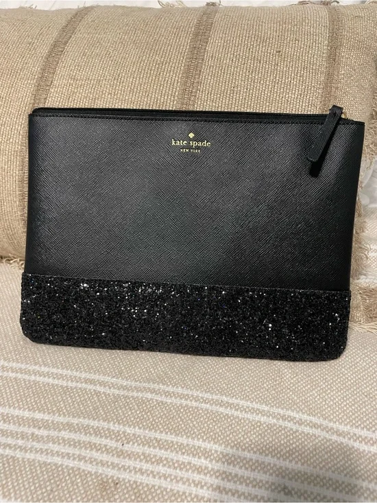 Kate Spade Black Textured PVC Glitter Clutch Bag Zip Evening