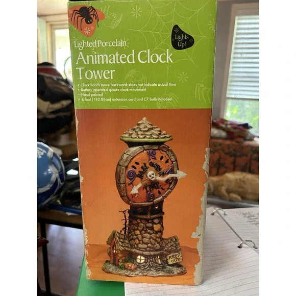 CLASSIC ANIMATED CLOCK TOWER LIGHTED‎ PORCELAIN HALLOWEEN PROP RARE