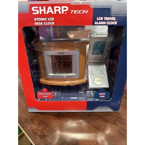 Sharp Tech Atomic LCD Desk Clock & LCD Travel Alarm Clock SPC324SC Brand New NIP