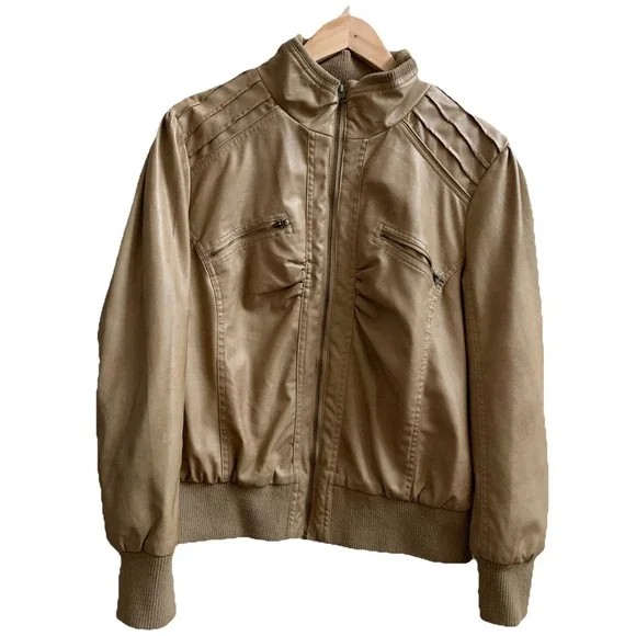 Women's Miss London Faux Leather Moto Zip Biker Bomber JACKET SZ-2X (light brown