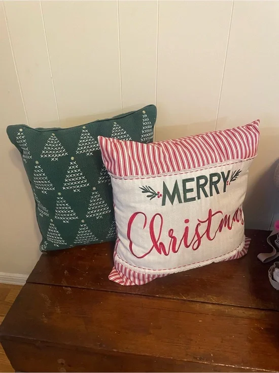 Kirklands Set of 2 Embroidered Christmas Trees  Festive Santa Throw Pillow