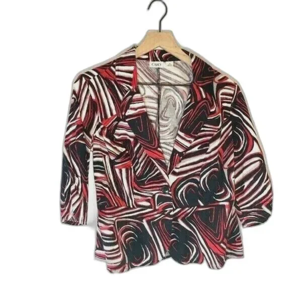 Abstract Print Blazer Jacket Medium Red Black White Modern Art Career Chic