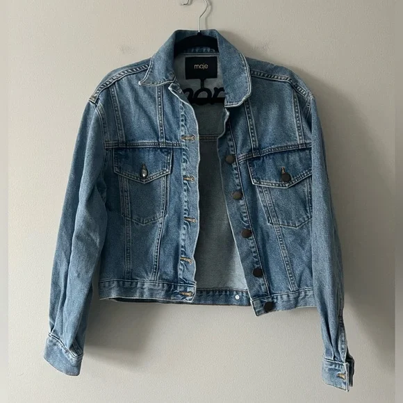Maje Denim Jacket Waist Length Tonal Logo Back Size 38