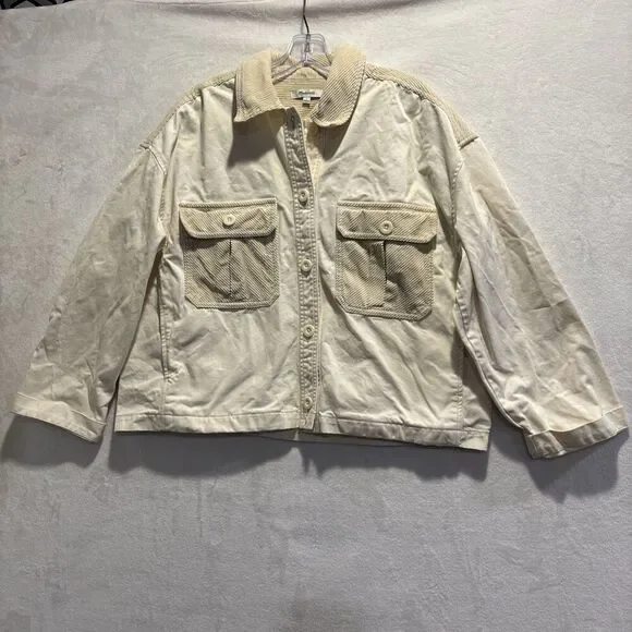 Madewell Women’s Cotton Chino Boxy Shirt Jacket Natural Size Large Elbow Patches