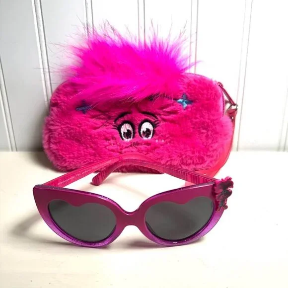 Trolls Pink Find Your Happy Place Kids Fun Fuzzy Sunglasses Case Girls Dress Up