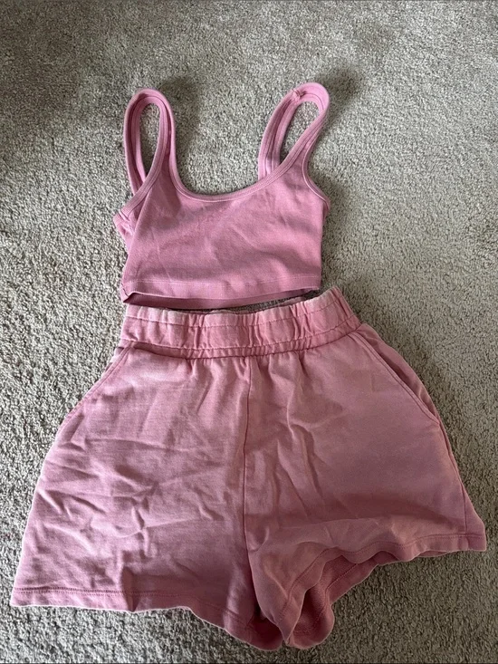 Zara Pink Ribbed Crop Tank and Matching Shorts Set