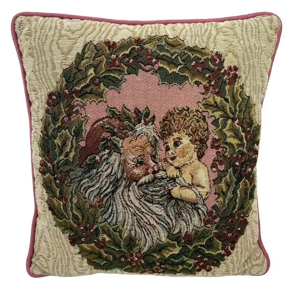 Vintage Needlepoint Christmas Pillow Old World‎ Santa Angel Cherub Pink Wreath