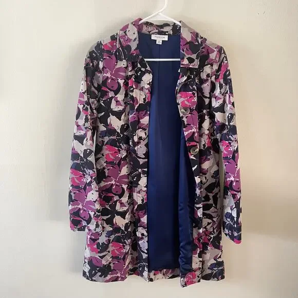 Thakoon Womens XS Floral Rain Coat Purple Blue Canvas Water Resistant Canvas