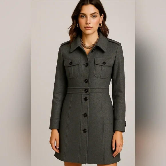 Women's Coat Kenneth Cole Wool Gray Coat Mid Knee Length Size 10 New $370