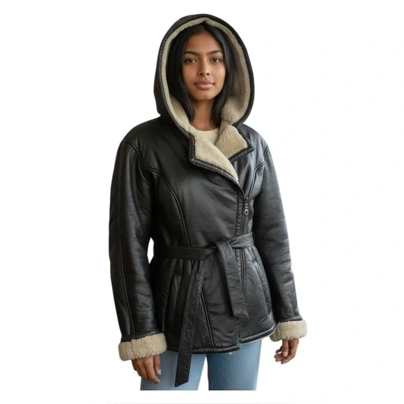 Wilson Leather Hooded Faux Fur Lined Zipper Belted Jacket. Size Small.