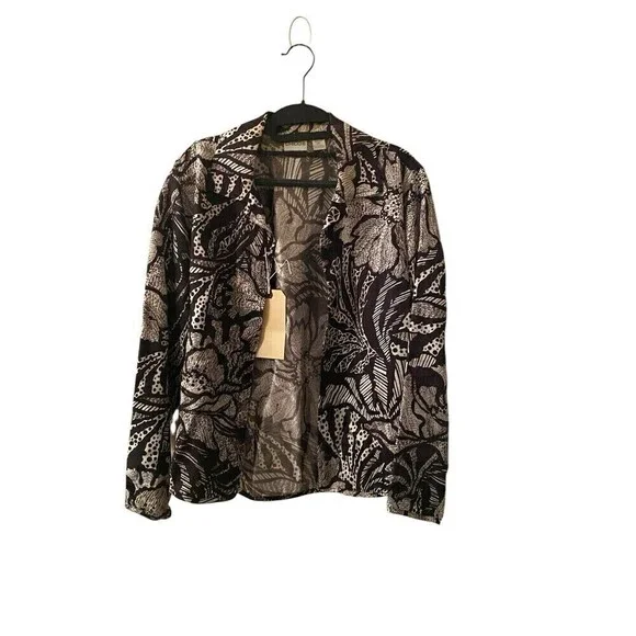 Chico's Shirt Women's 1 Black White Floral Print Rayon Long Sleeve Button-Up