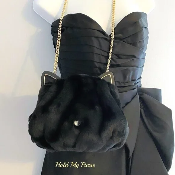 Kate Spade Pitch Purrfect Faux Fur Black Cat Bag NWT