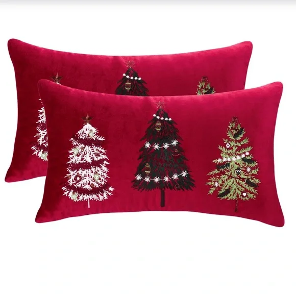 Red Christmas Embroidery Lumbar Pillow Covers 12x20” (2 Pack)