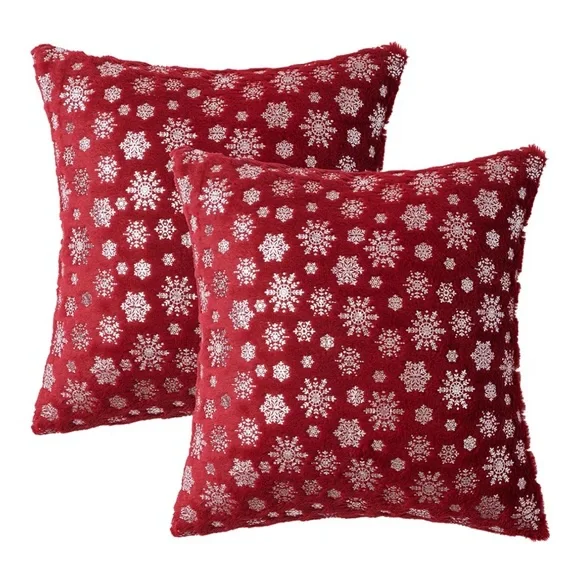 Snowflake Faux Fur SQUARE Pillow Covers RED/SILVER 18x18” (2-Pack)