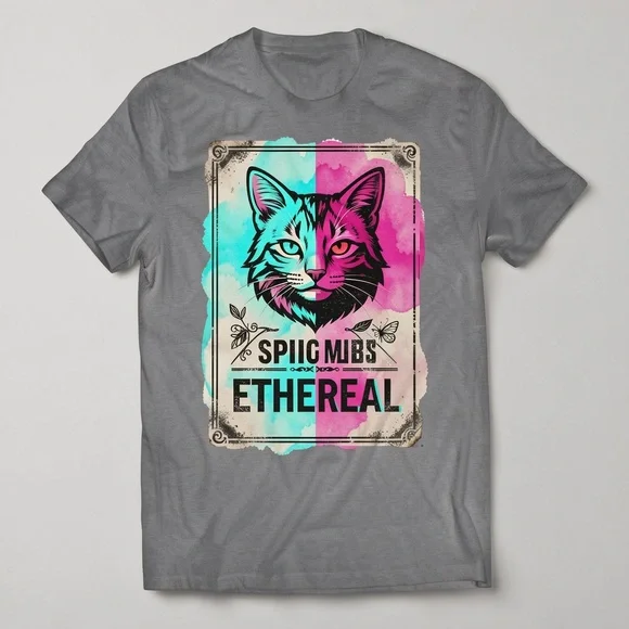 Gildan Gray Tee with Teal & Pink Split-Cat Graphic