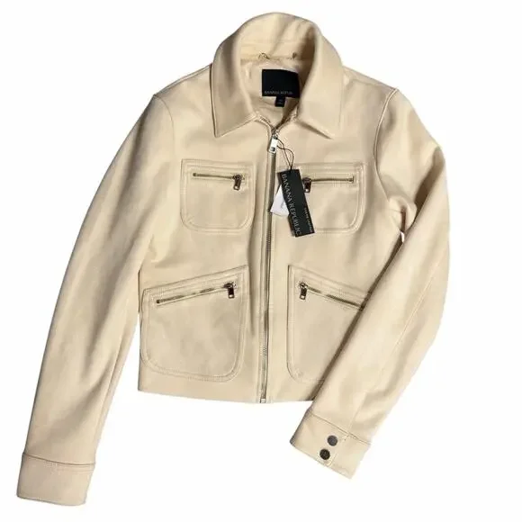 NEW Banana Republic Beige Zip-Up Vegan Suede Moto Jacket Size XS