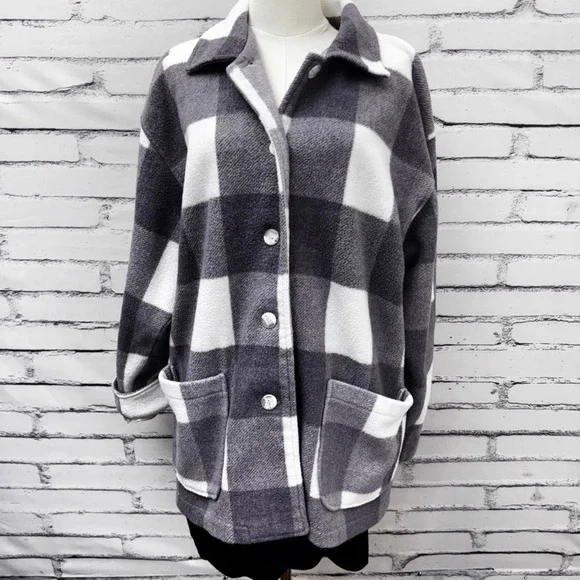 NY‎ 10018 Plaid Fleece Womens M Lavender Purple Buffalo Check Button Jacket