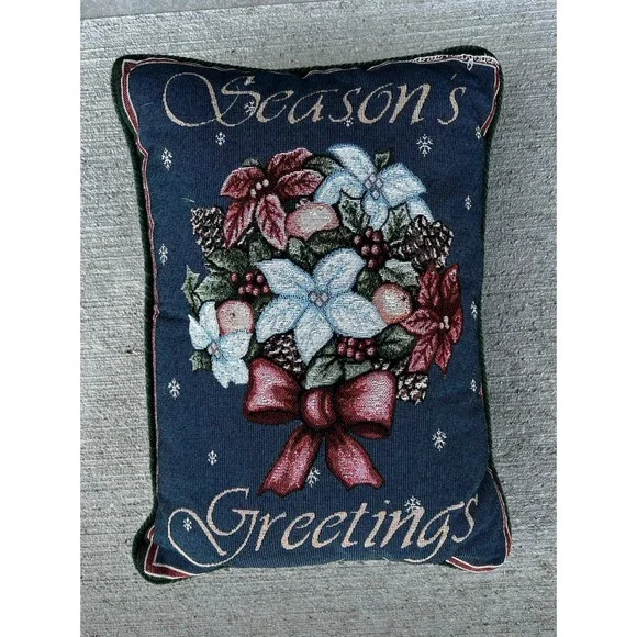 Seasons Greetings Decorative Pillow Lumbar Tapestry Christmas Poinsettia Flowers