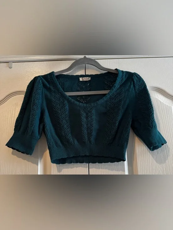 Free People Teal Pointelle Knit Cropped Short Sleeve Sweater - Size S