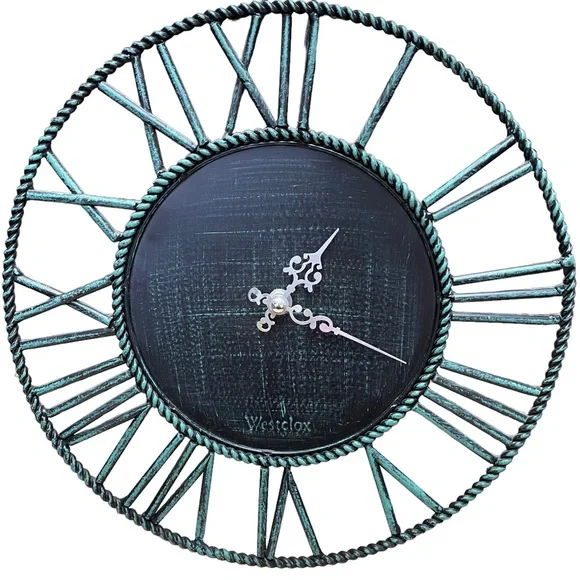 WESTCLOX Wrought Iron Wall Clock Battery Operated Round Roman Numerals Green