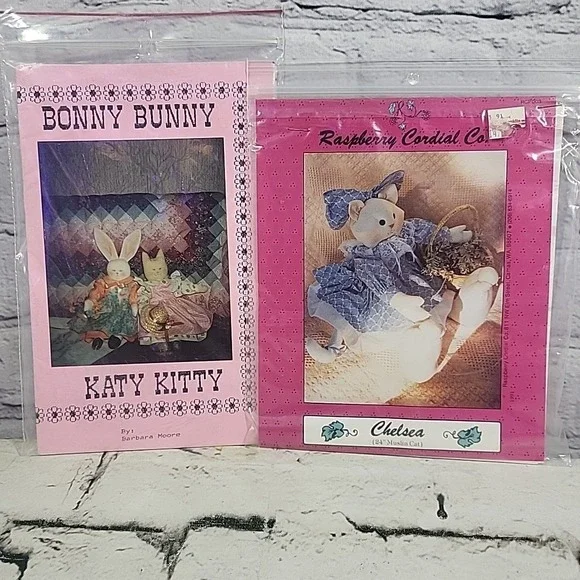 Vintage Decorative Plush Craft Patterns Lot 2 Bonny Bunny Katy Kitty Muslin Cat
