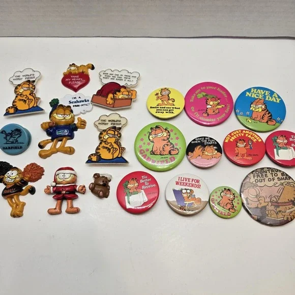 Vintage Retro 70s & 80s Garfield Pinback Buttons‎ & Magnets 20 Pc Lot Kats Meow