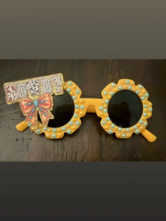 Yellow Jeweled Round Novelty Sunglasses with Bow Accent