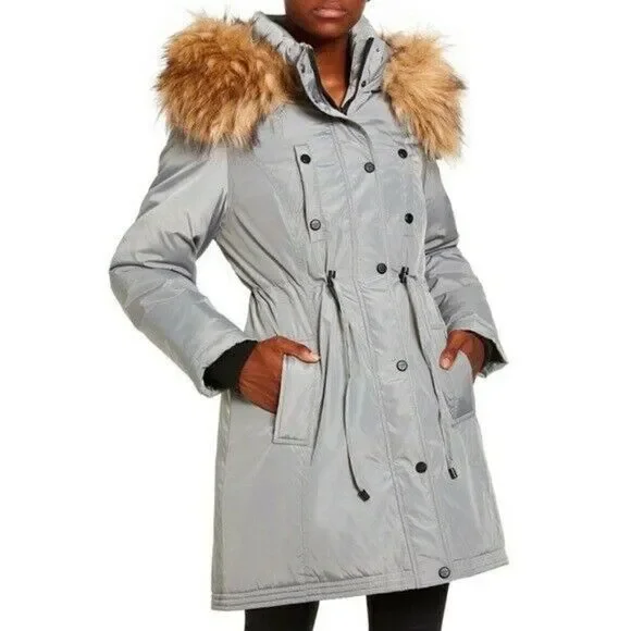 Madden Girl Juniors Silver Grey Faux Fur Trim Hooded Anorak Parka Coat Small NWT