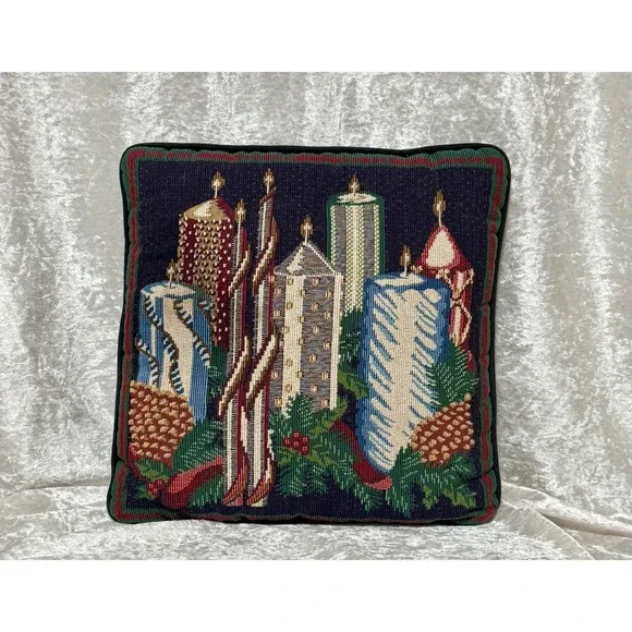 Vintage Christmas Candle Tapestry‎ Accent Pillow Cozy Holiday Decor 18