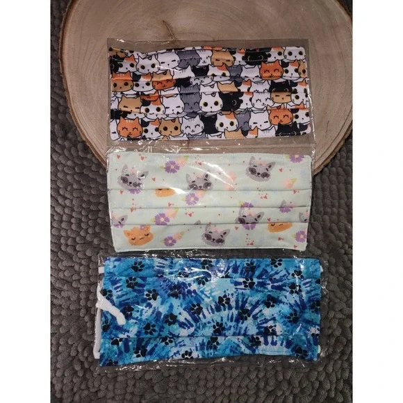 3x~CATS/Kitten Hand Made Cotton Face Mask Pleated w‎ Elastic Washable Reusable