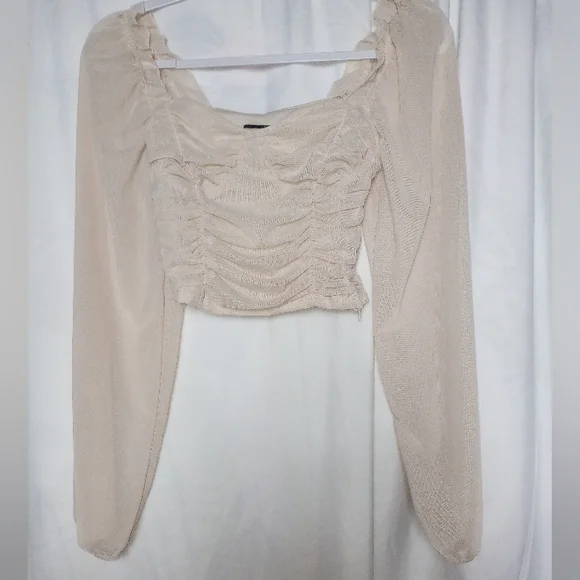 Forever 21 Cream Ruched Bodice Shirt Scandi Baddie Fairy Poet Mesh Sleeves Crop
