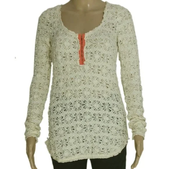 Free People Floral Pattern Lace Long Sleeve Ivory Casual Top M NEW