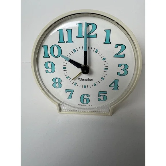 Vintage Westclox Wind Up Alarm Clock Cream Teal Mid Century Modern Made in USA