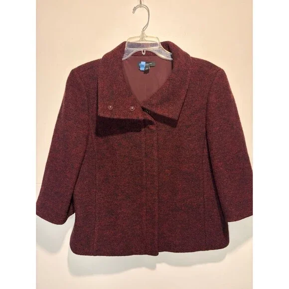 Ann Taylor 100% Wool Wine Heather Maroon Full Zip Crop Blazer Coat Shrug Size 14