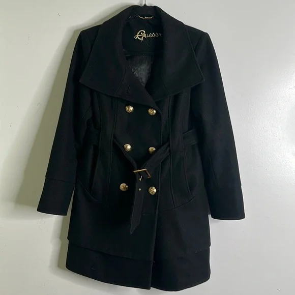 Guess black woo blend double breast coat size medium p