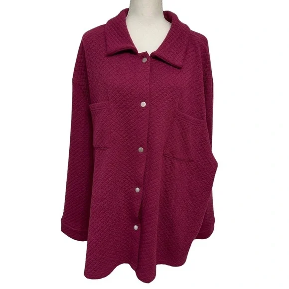 Muk Luks Quilted Shacket Pockets Silver Snap Buttons Berry Size 3X Comfy NWT