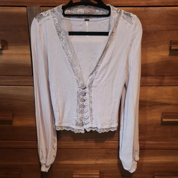 Free People Purple Long Sleeve Lace  Trim Balloon Sleeve Cottagecore XS Blouse