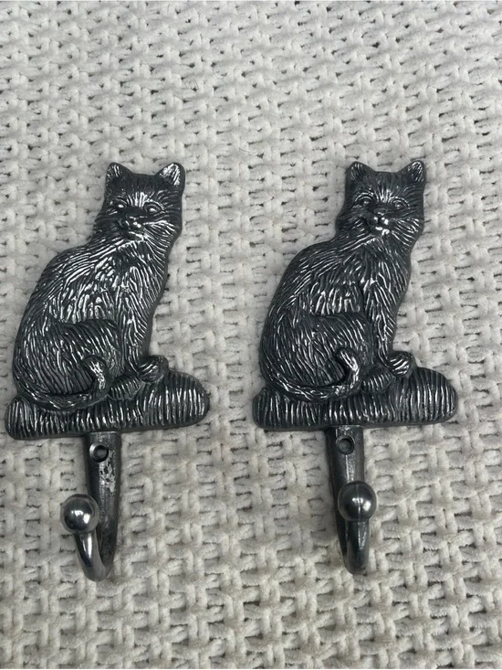 2 Cat Wall Hook Pair Metal Construction Cottage Core Textured Cat Lover