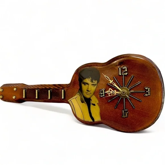 Vintage Elvis Presley Lacquered Wood Working Guitar Shaped Wall Clock