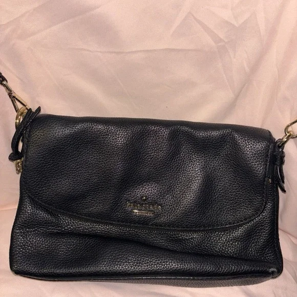 KATE SPADE Black Soft Leather Adjustable Strap Crossbody Shoulder Handbag Gold