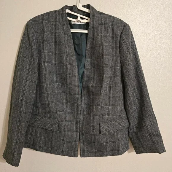 Kasper Jacket Womens Size 12 Gray /Green Long Sleeves Open Blazer Plaid - 1 hook